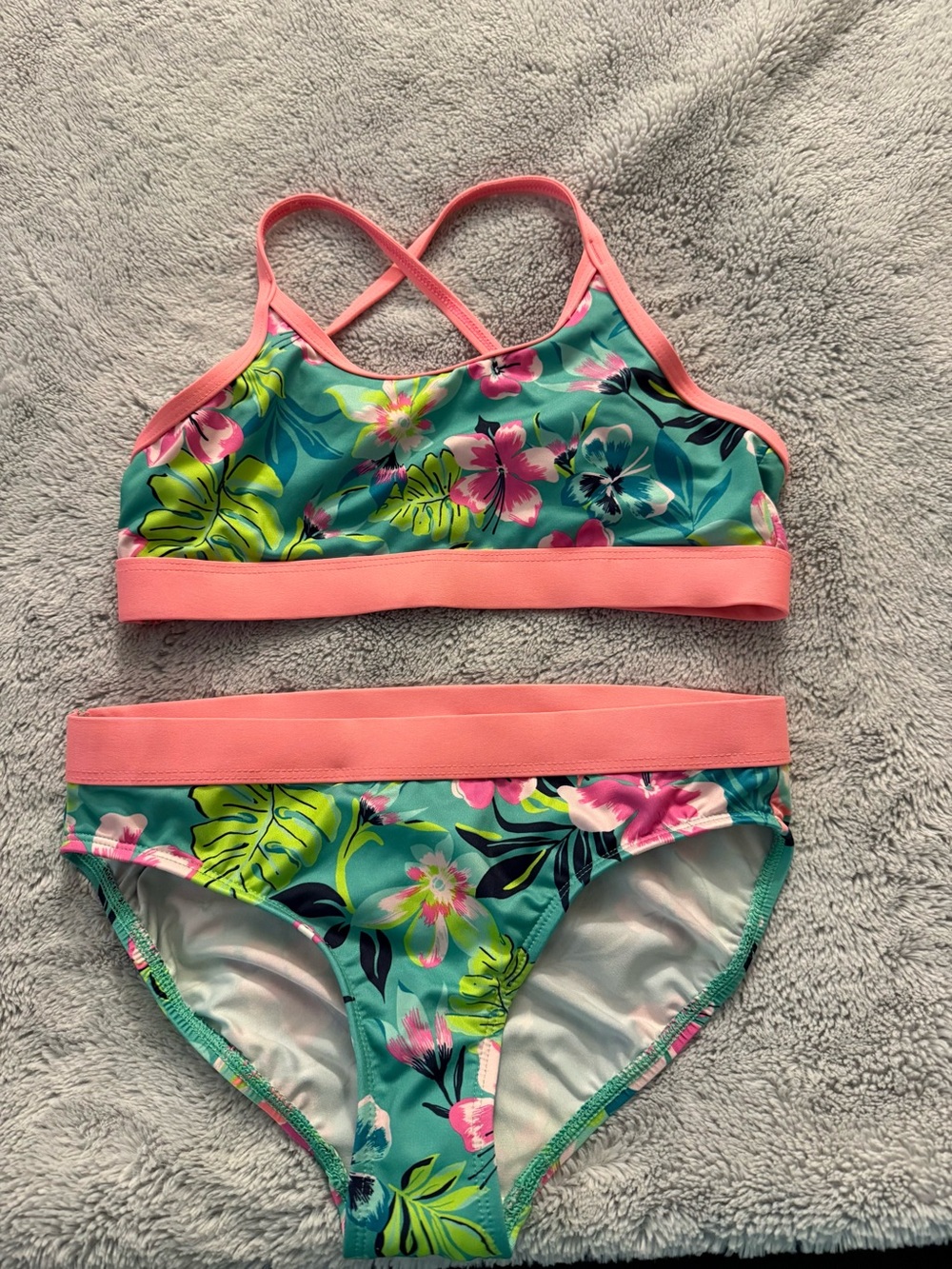 Lands End Girl’s Floral Bikini Set with Rash Guard in Teal and Pink